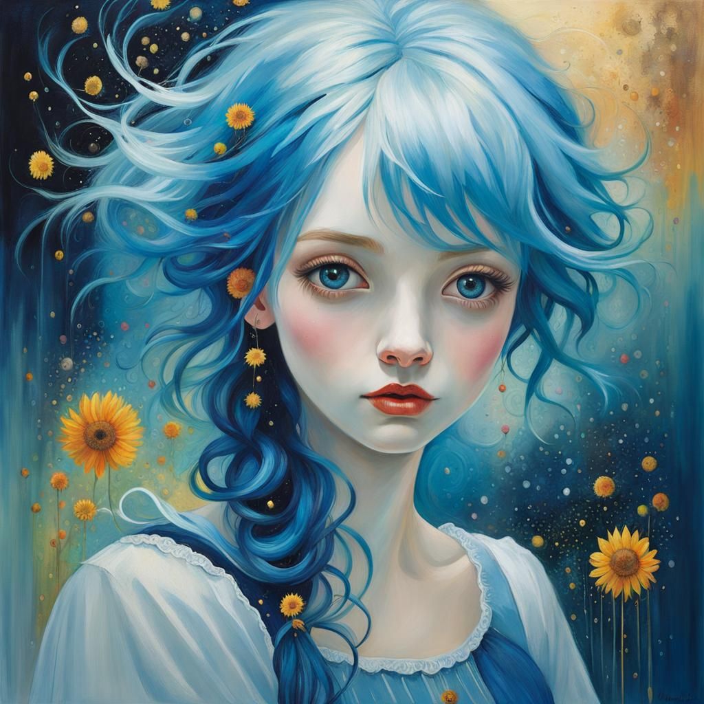 Ethereal Blue-Haired Fairy in Oil Painting Style