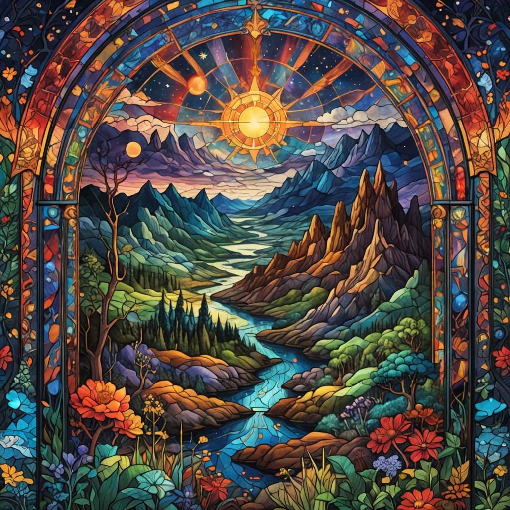 Stained Glass Heaven and Hell Landscape