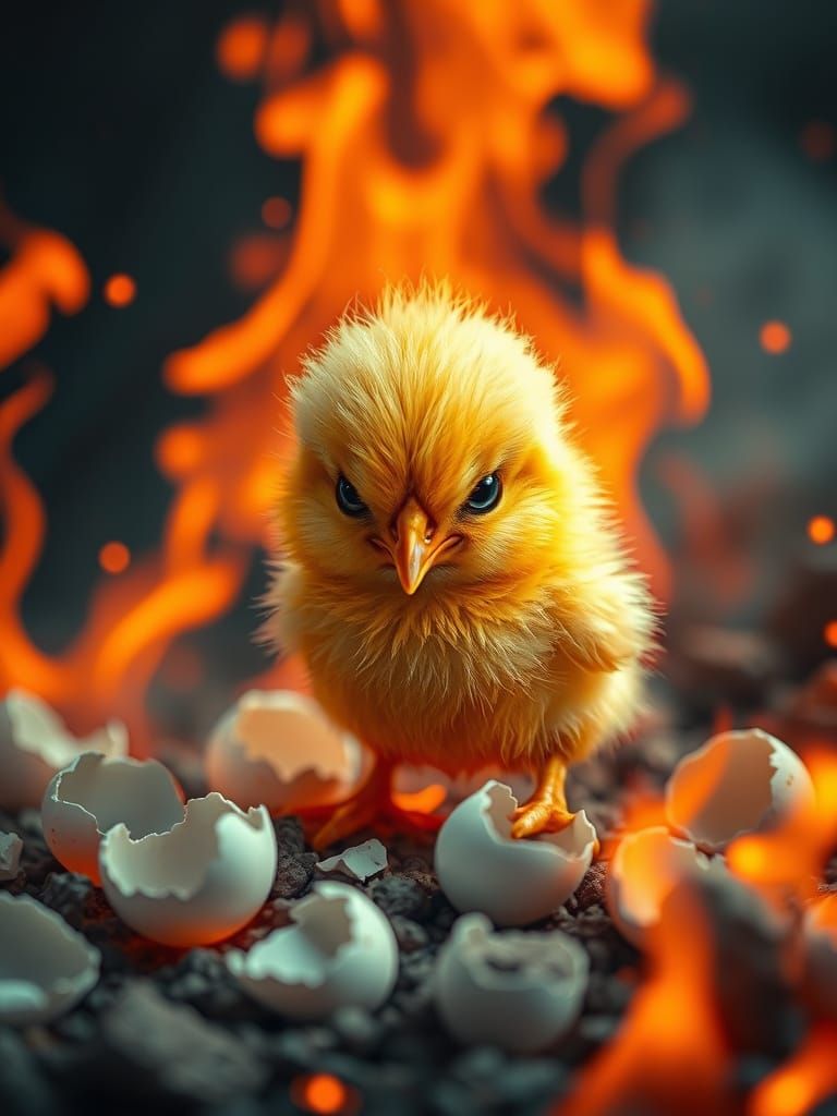 Fiery Baby Chick Surrounded by Shattered Eggshells