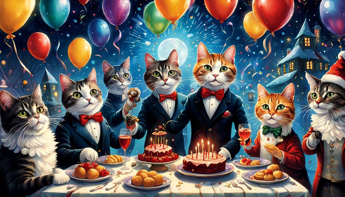 Whimsical Cats Dance at a Vibrant Christmas Party