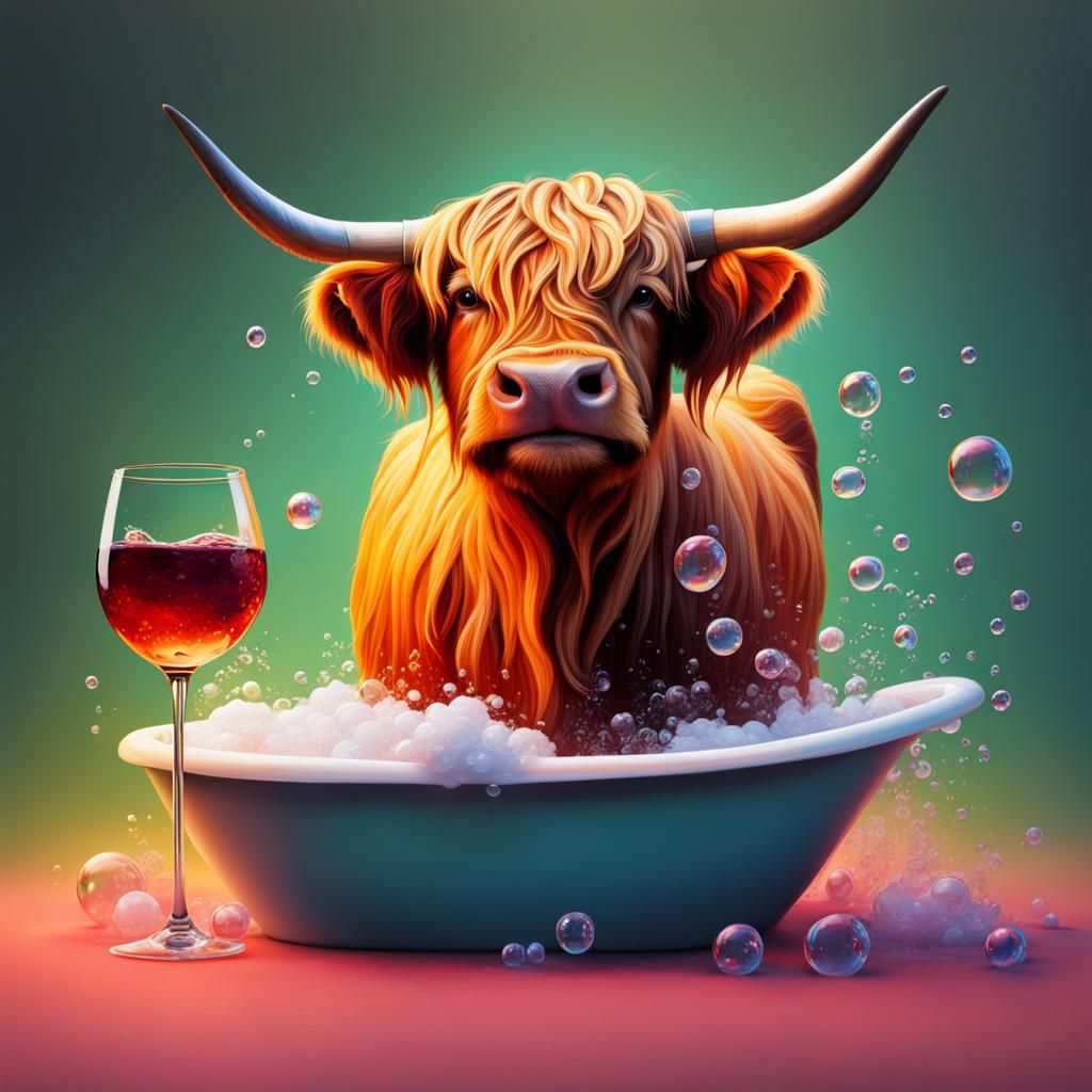 Highland Cow Enjoys Bubble Bath: Splash Art