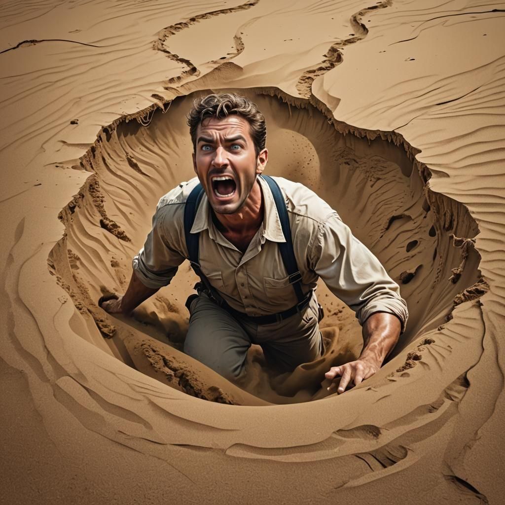 Terrified Man Sinking in Quicksand: Comic Book Illustration