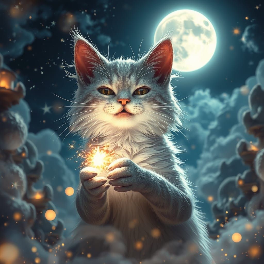 Whimsical Cat Conjures Magic Under a Full Moon