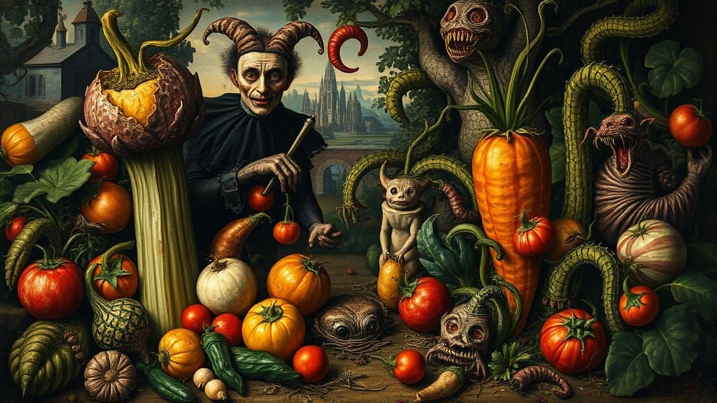 Surreal Garden with Jester in Breughel Style