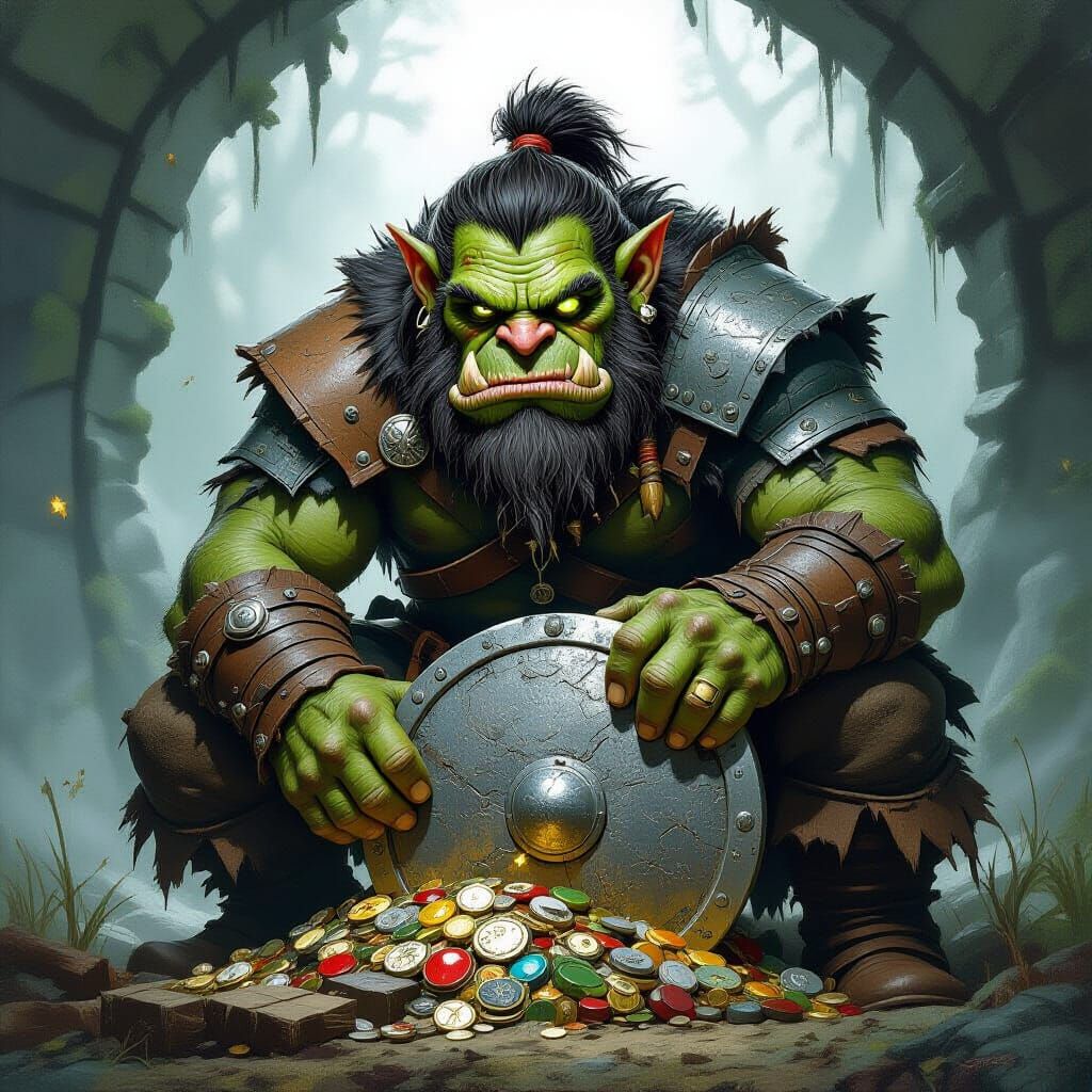 Gritty Troll Guarding Treasure Pile in Digital Art Style