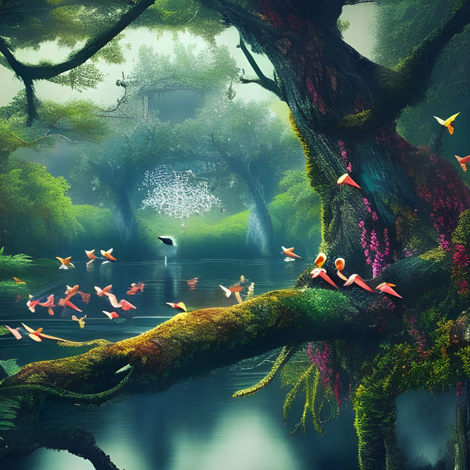 Colourful birds sitting in trees in a forest over a pond