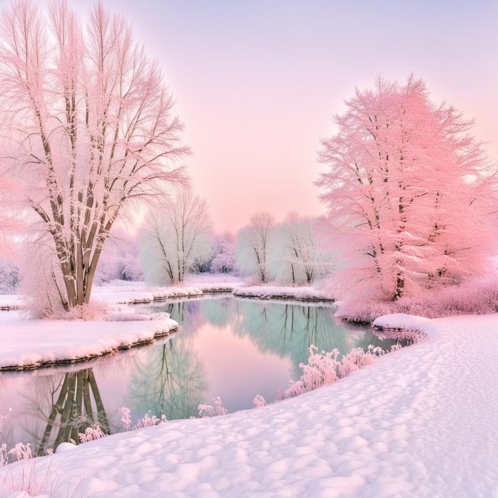 Pastel Winter Wonderland with Pond