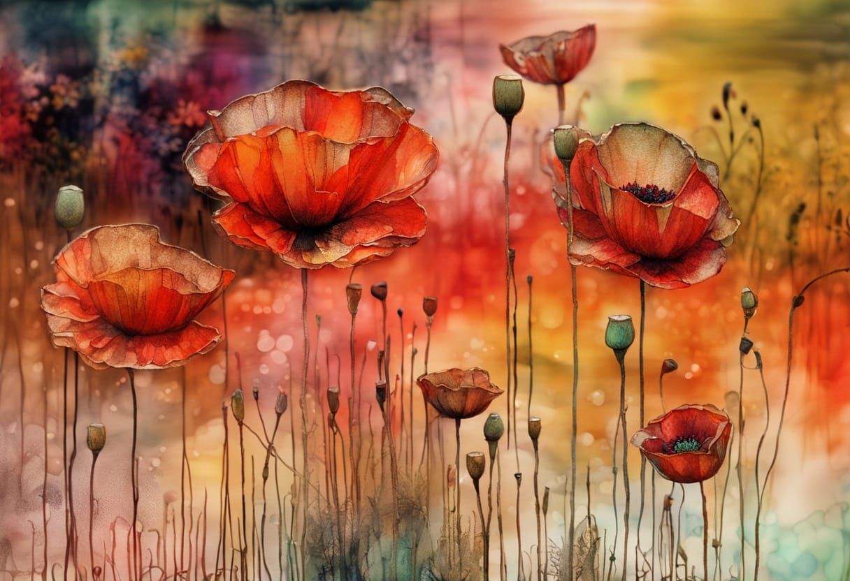 Vibrant Poppies in a Lush, Dreamlike Marsh