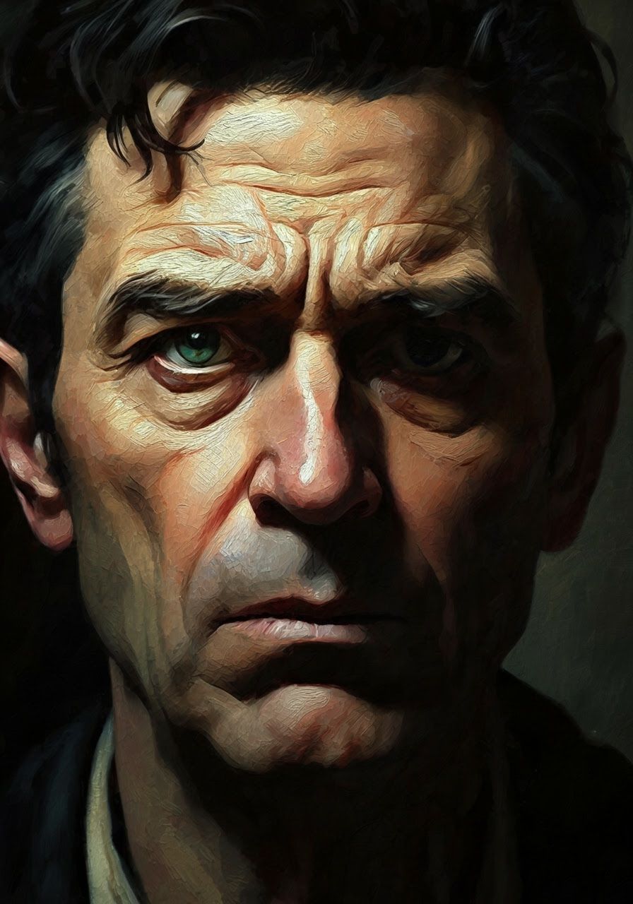 Intense Interlocutor Oil Painting with Chiaroscuro Lighting