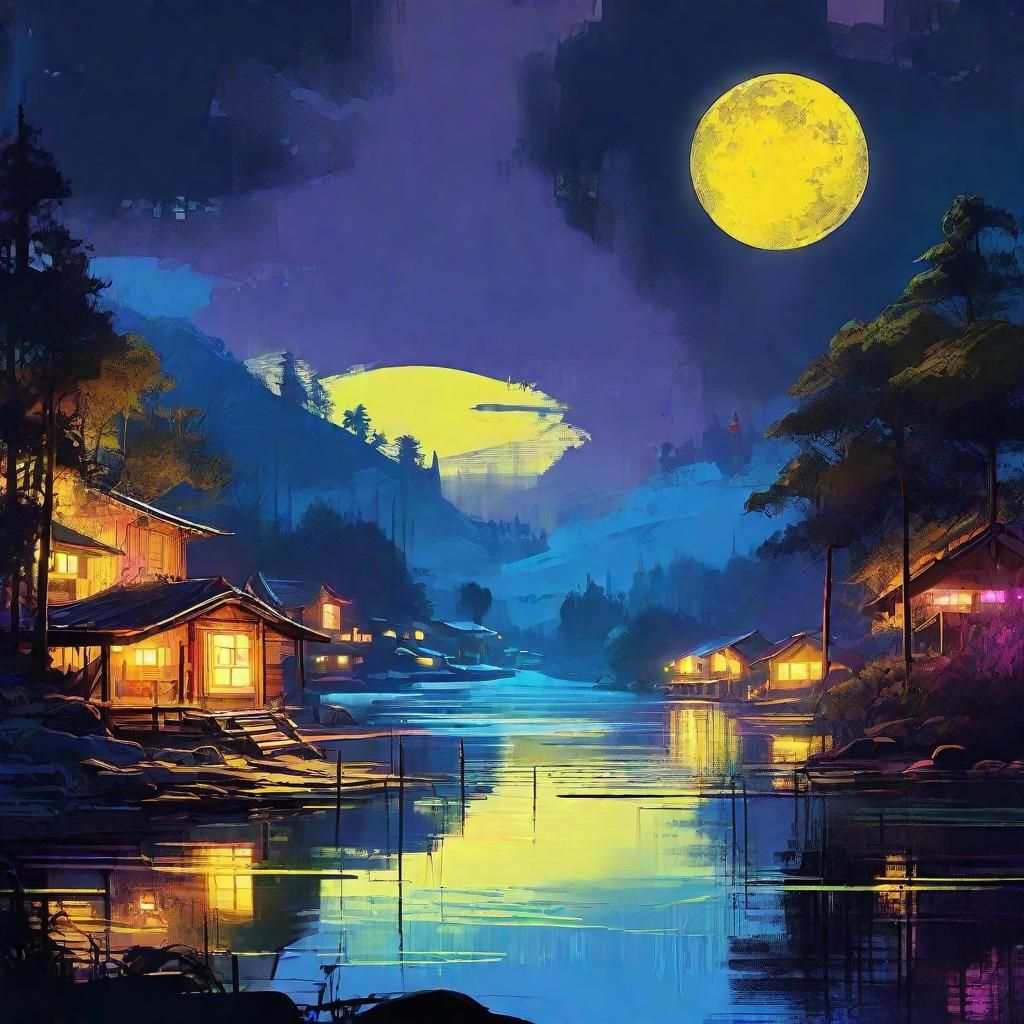 Neon Lake Village: Digital Concept Art Masterpiece