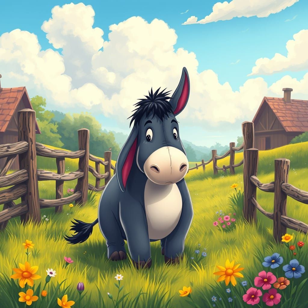 Whimsical Eeyore in a Sunny Meadow with Rustic Fences and Ca...