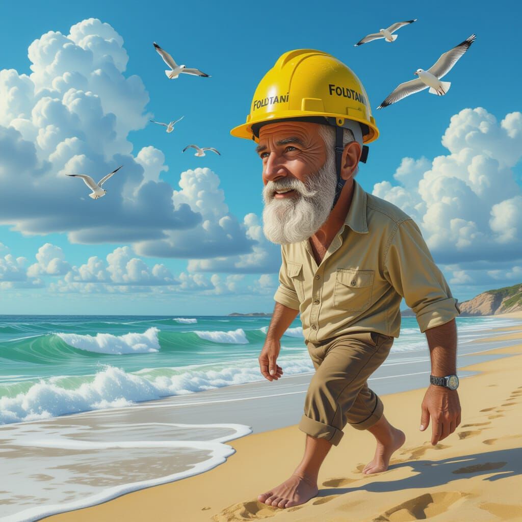 Italian Geologist on Rough Beach in Dramatic Splash Art