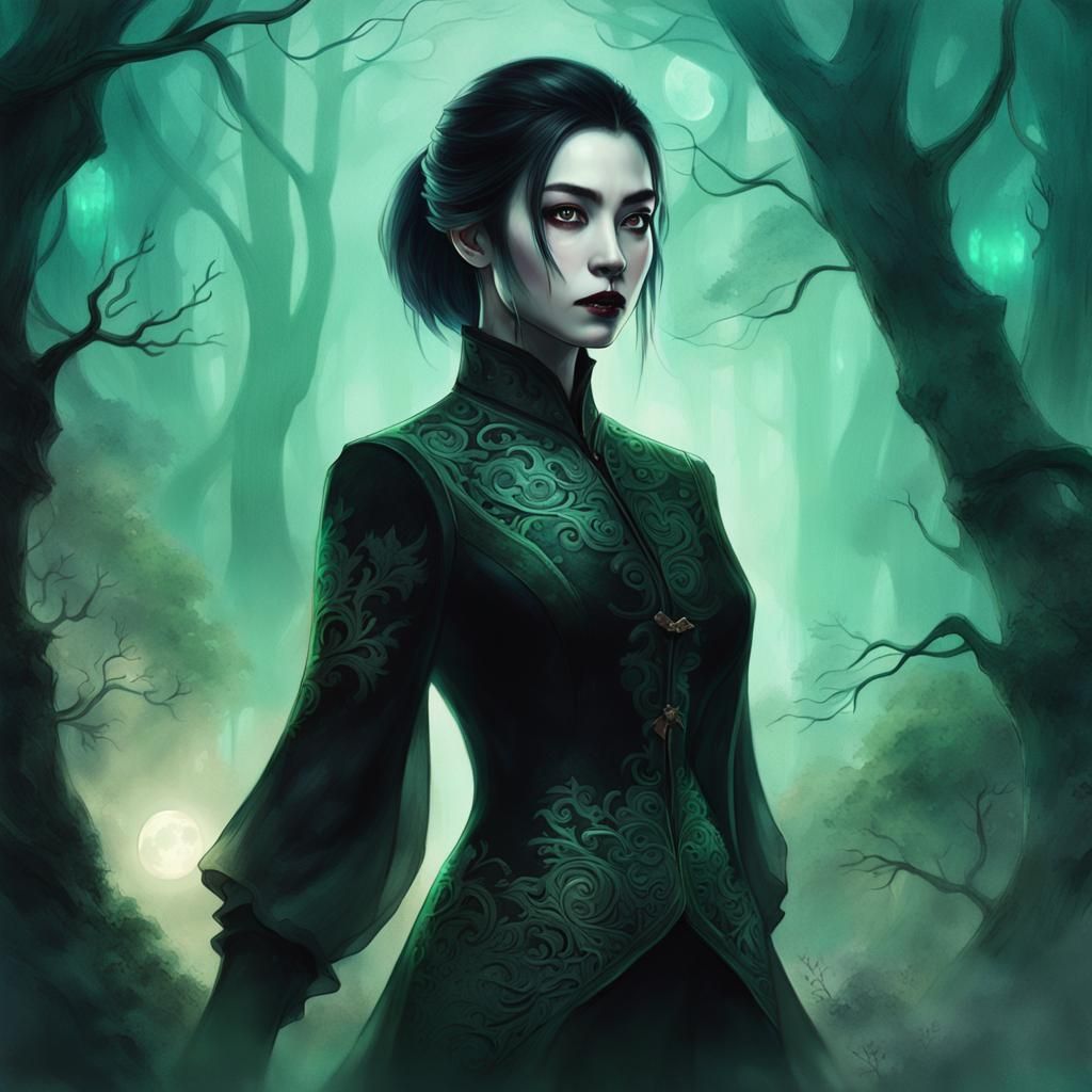 Chinese Vampire in Misty Forest: Fantasy Concept Art