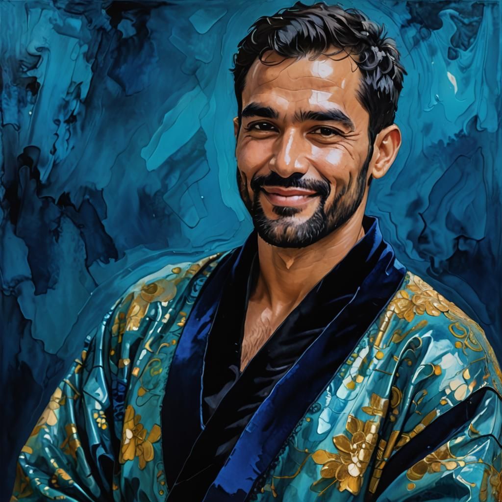 Attractive Man in Robe, Alcohol Ink Impasto Oil Painting
