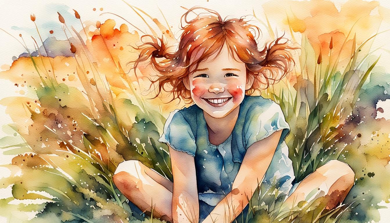 Dreamy Girl in Grass: Watercolor and Ink Illustration