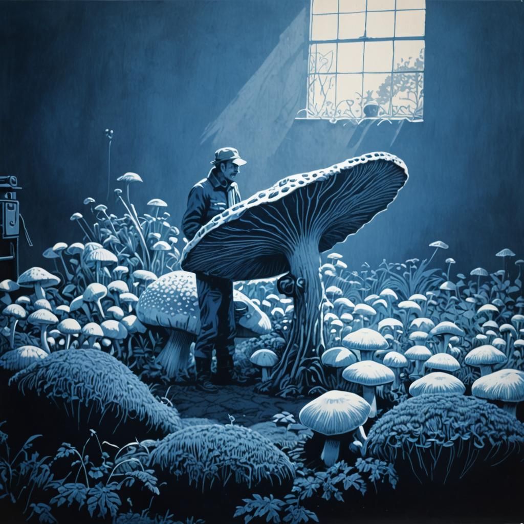 Italian Activists Tending Giant Mushrooms: Linocut Style