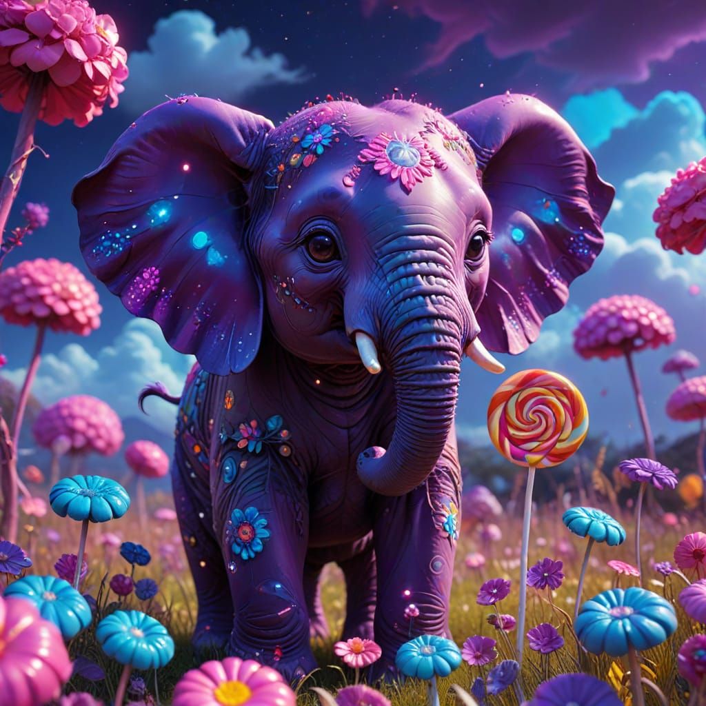 Vibrant Purple Baby Elephant in Whimsical Candyland Scene