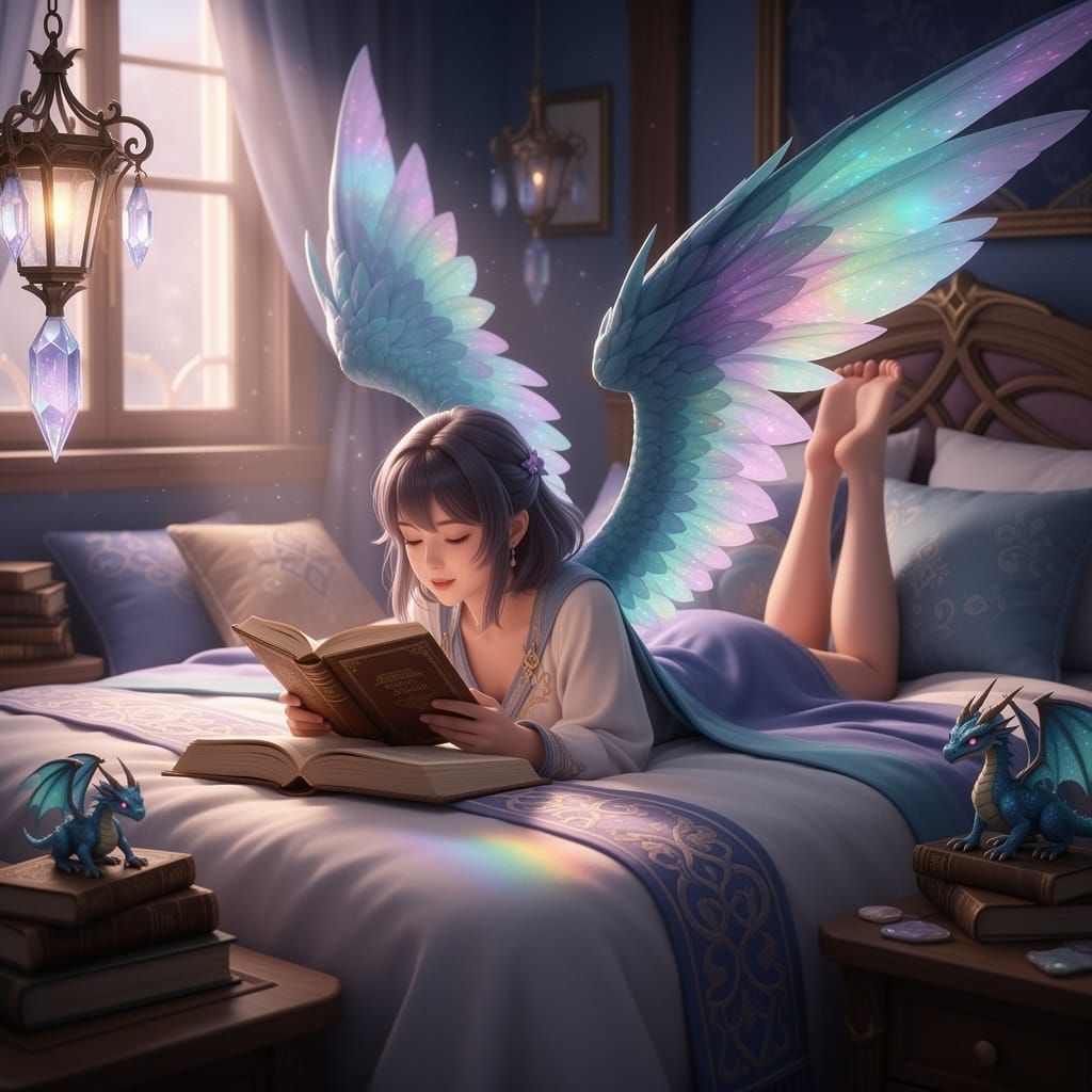 Dragon-Winged Girl Reads Chained to Bed in Anime Style
