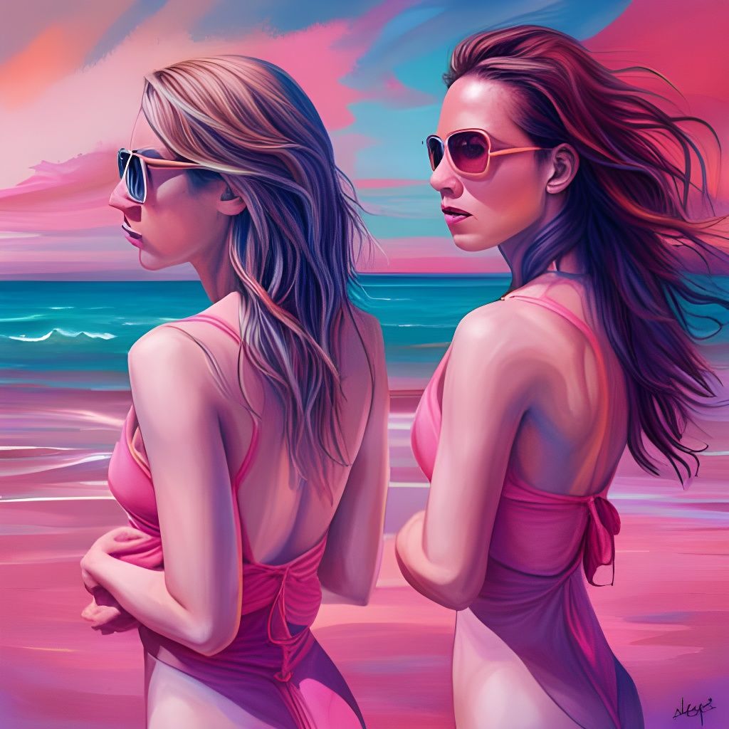 Hyperrealistic Bikini Models on Beach in Splash Art