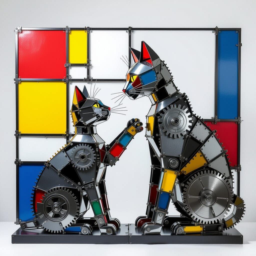 Geometric Metal Cat Sculpture in Mondrian Style