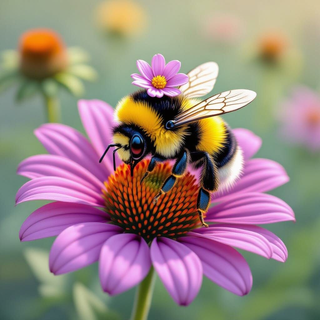 Bumblebee in Flower Hat, Whimsical Illustration