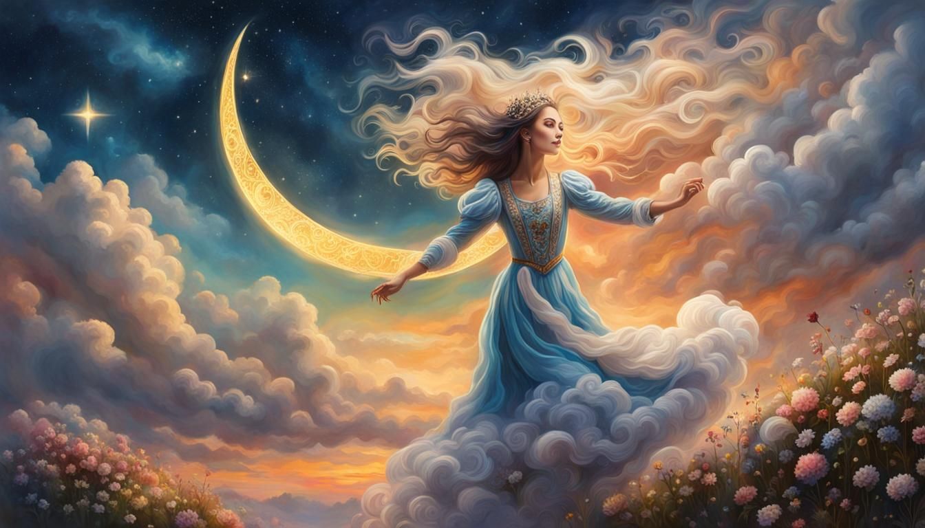 Dancing Cloud Girl Portrait on Flower Hill