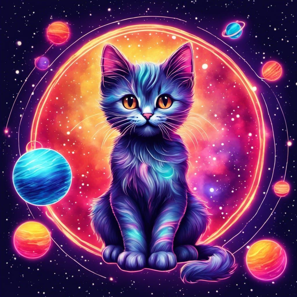 Neon Space Kitty with Yarn Planets