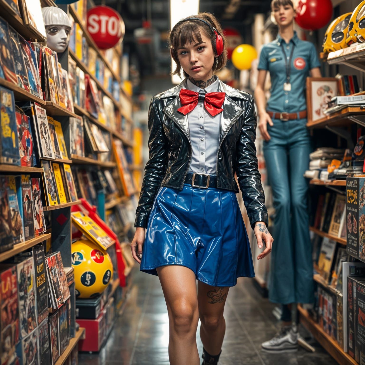 Nerdy Tattooed Woman in Latex Uniform at Nerd Store