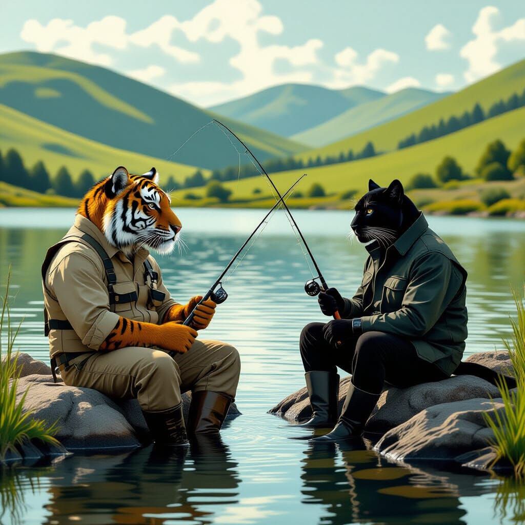 Anthropomorphic Tiger and Panther Fishing at Serene Lakeside