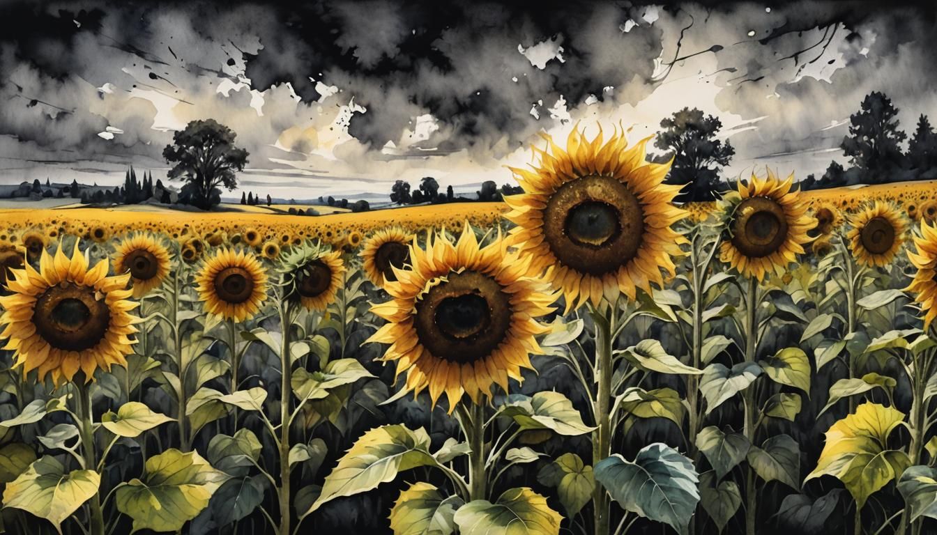 Fantasy Sunflower Fields in Charcoal Watercolour