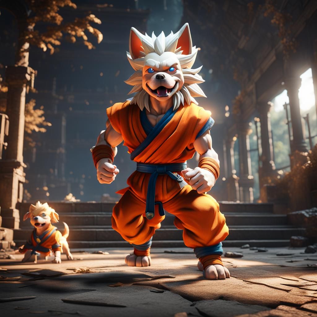 Dog Goku in 3D Game Cinematic Style