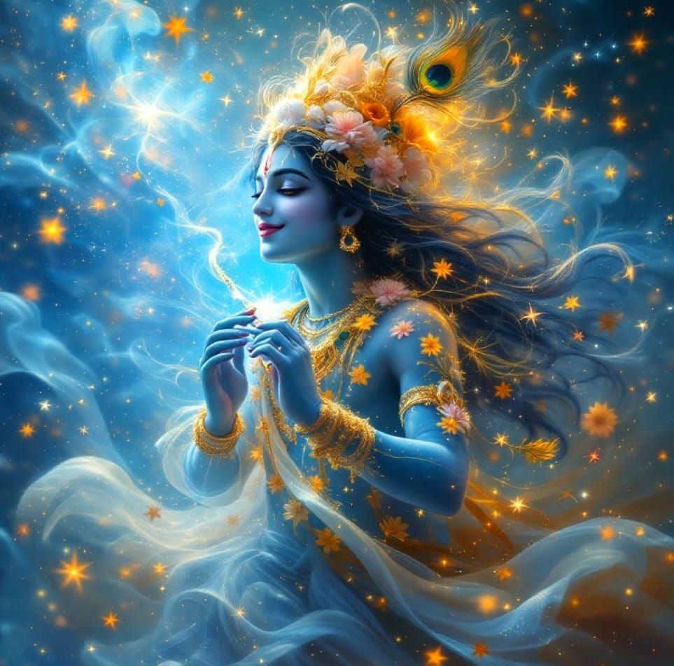 Ethereal Krishna in Whirling Floral Fantasy