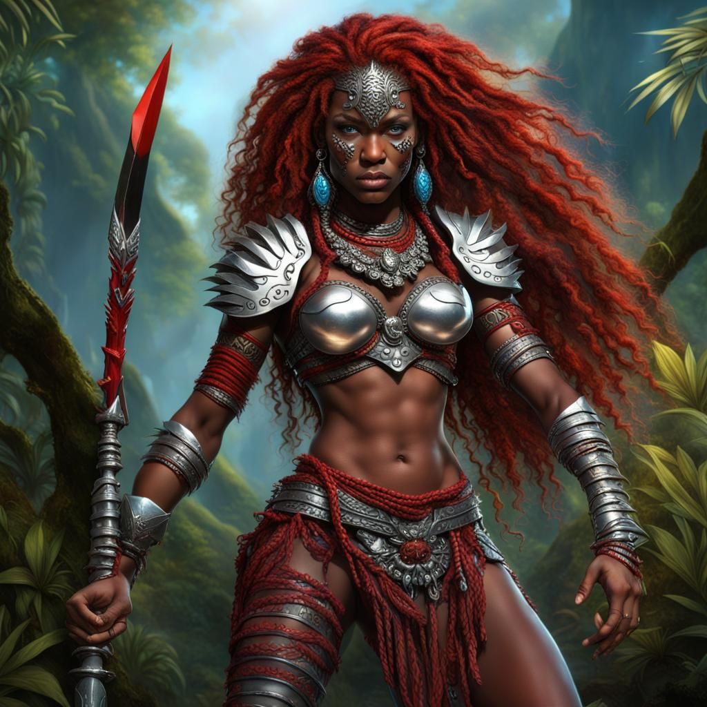 Ebony Tribal Huntress in Jungle with Tigers