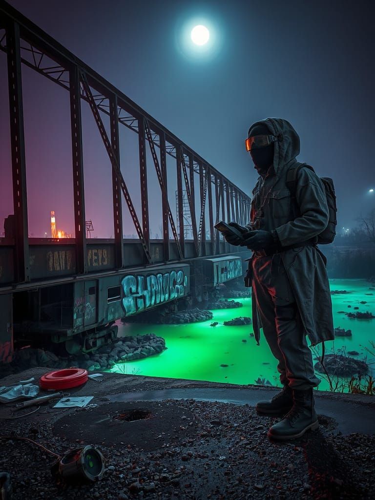 Radioactive Bridge Crossing a Neon Swamp