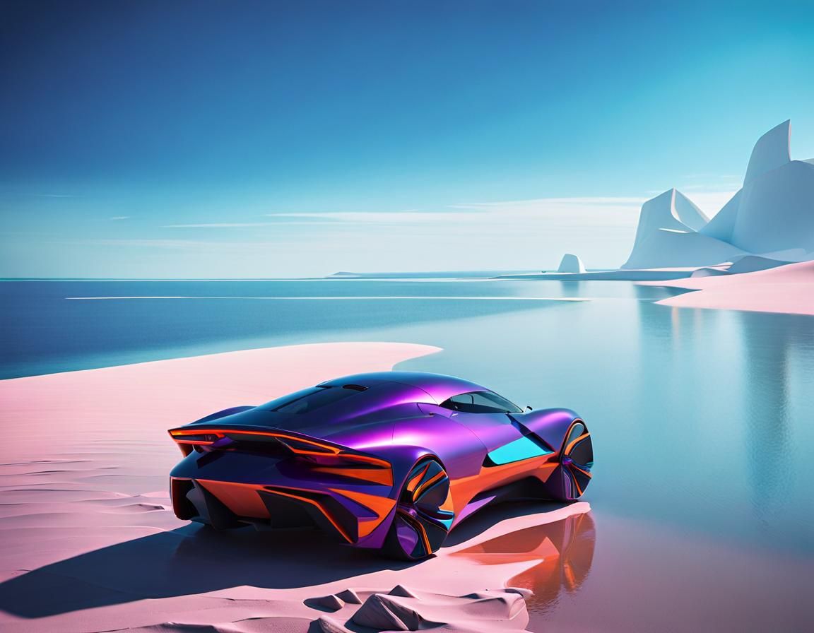 Cyberpunk Sports Car on Abstract Beach