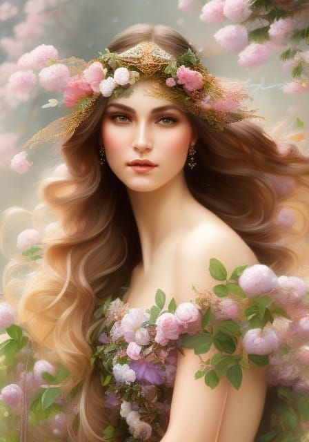 Floral Spring Goddess in Art Nouveau Style