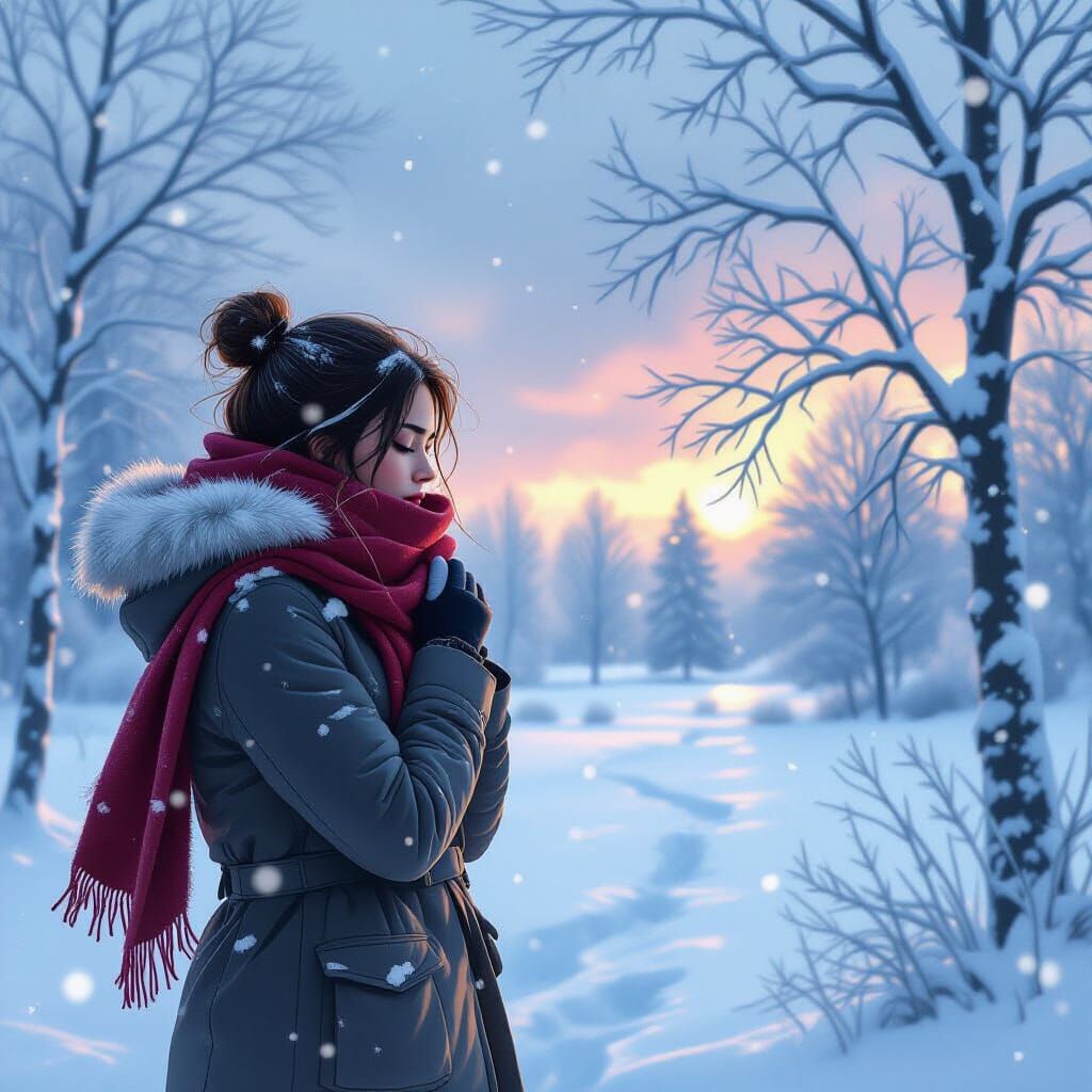 Shivering Person in Winter Landscape, Digital Art