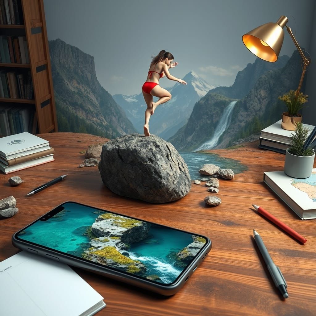 Miniature World on Tabletop in Hyperrealistic Style