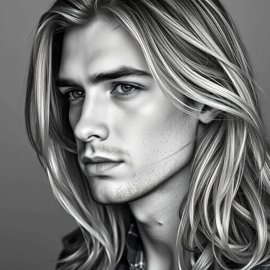Studio Portrait of Handsome Man with Long Light Hair