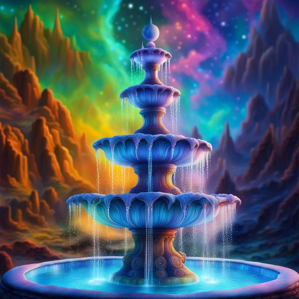 Magical Water Fountain: Holographic Cosmic Illustration