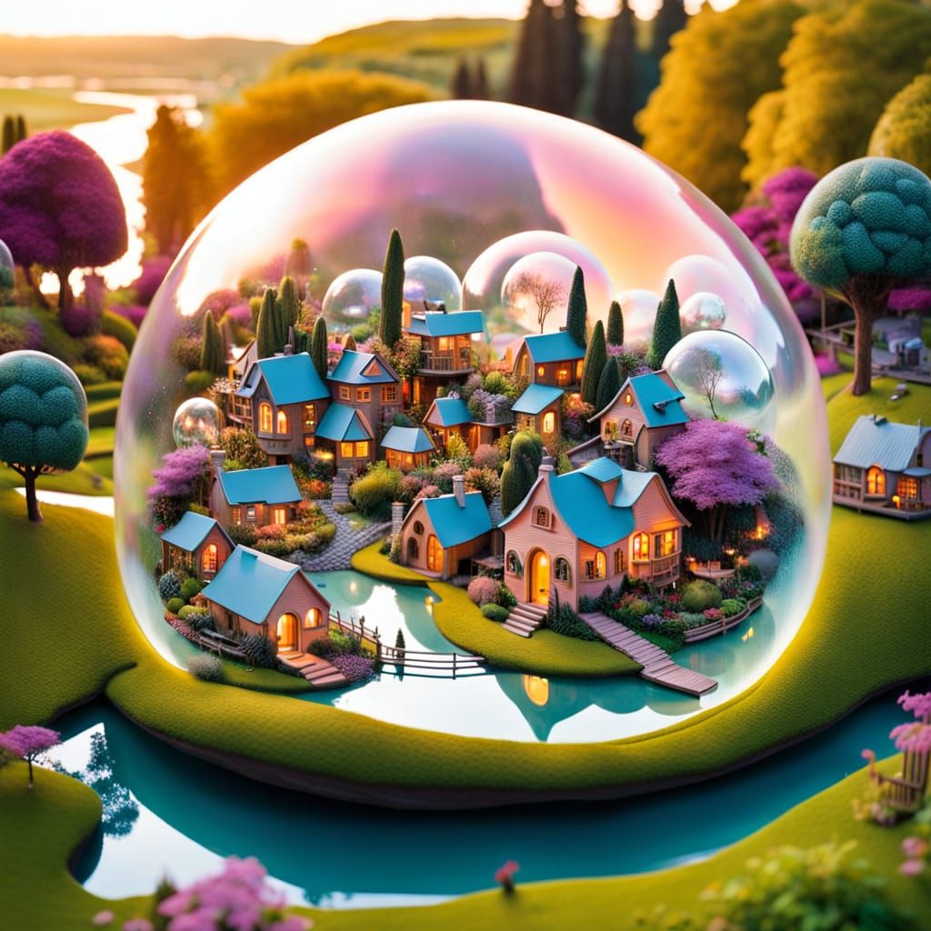 Fantastic Village Inside Iridescent Bubble