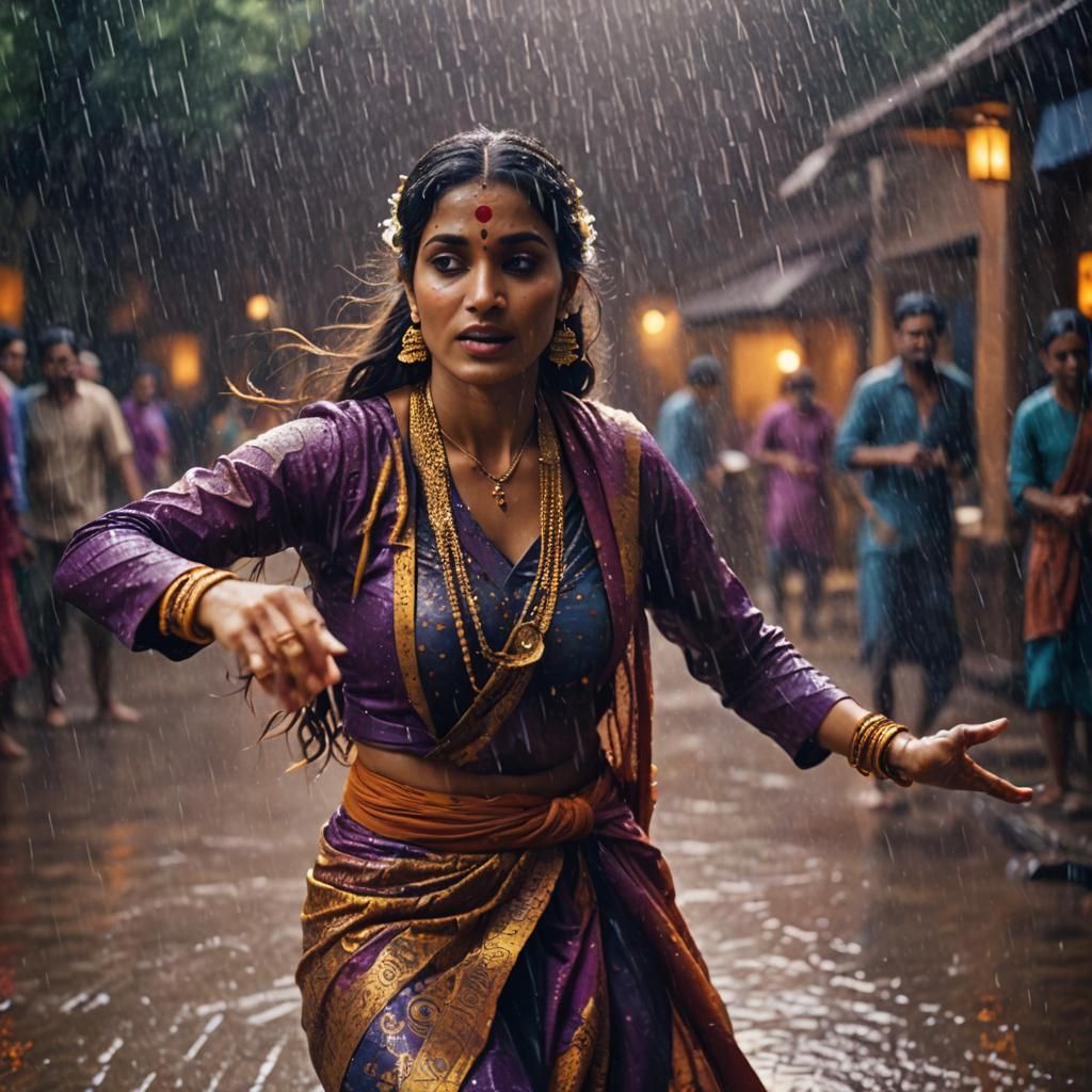 Mystical Indian Dancer in Rainy Cinematic Scene