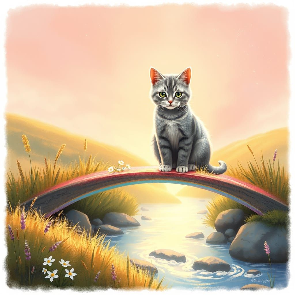 Whiskered Cat on Rainbow Bridge in Children's Book Style