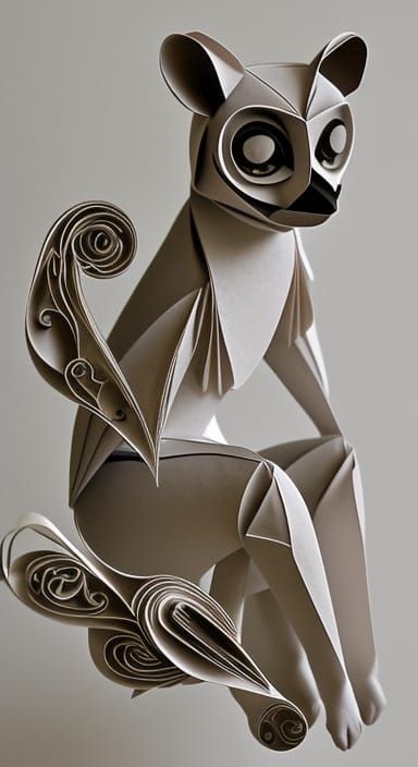 Elegant Ring-Tailed Lemur Paper Sculpture in Art Nouveau
