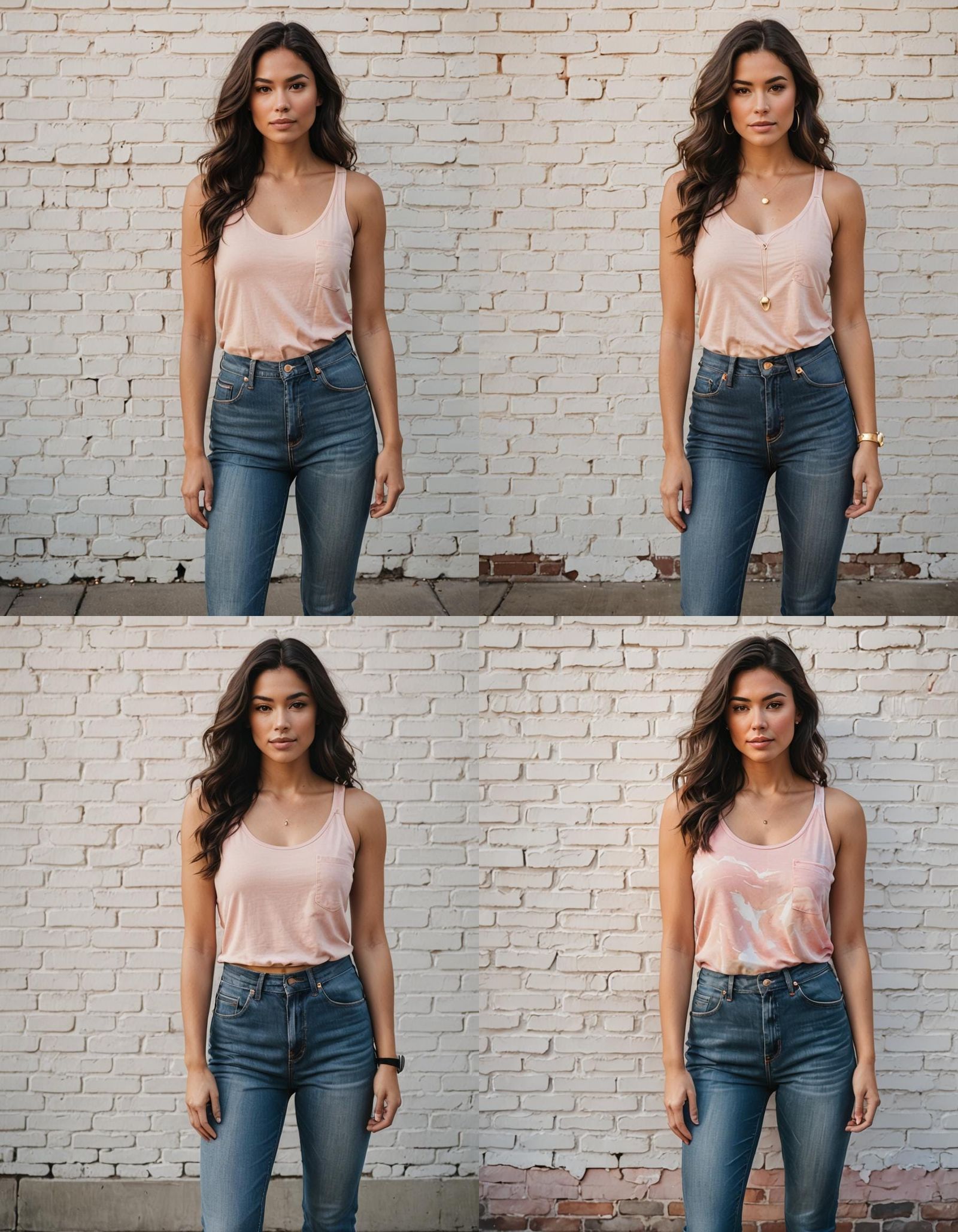 Young Woman in Jeans Against White Brick Wall