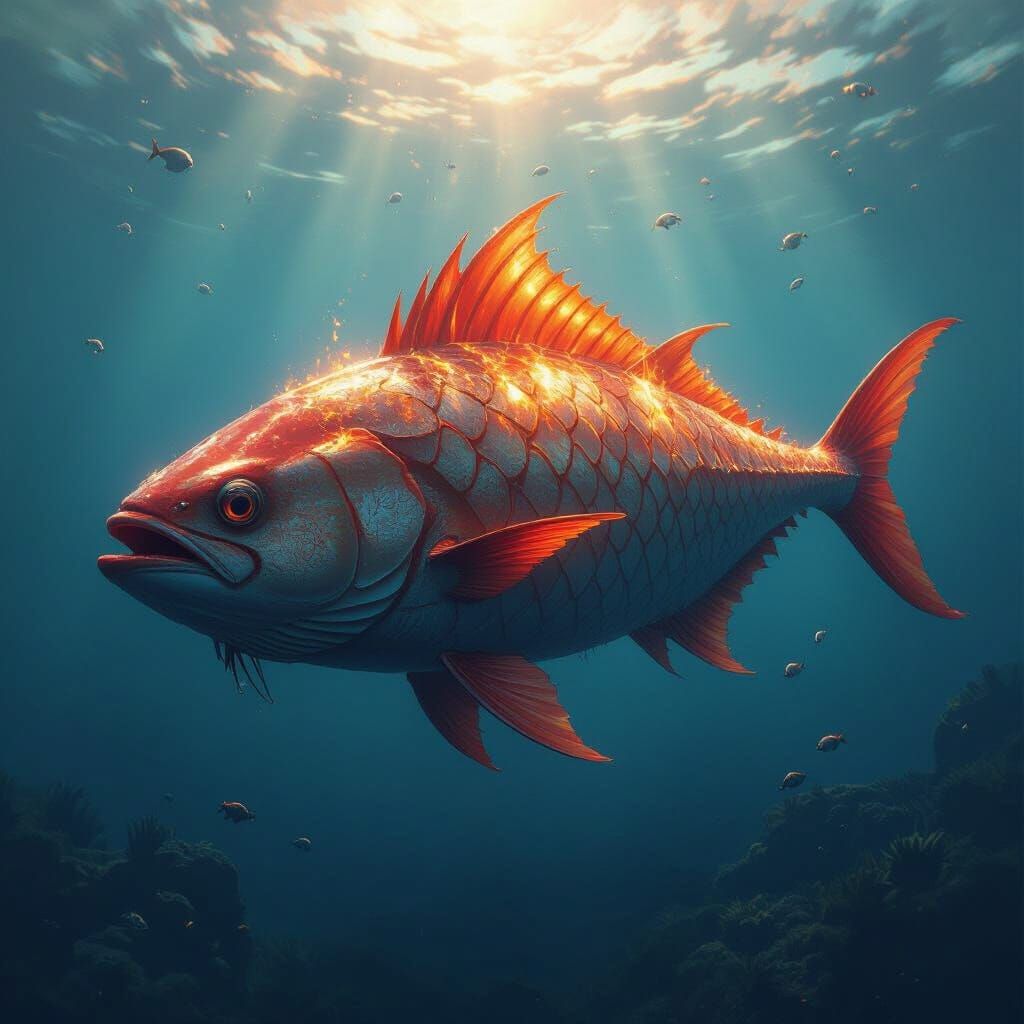 Ember-Scaled Tuna in Deep Water: Dark Fantasy Art
