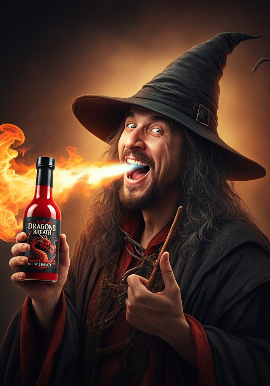 Fire Breathing Wizard Hot Sauce Advertisement in Surreal Sty...