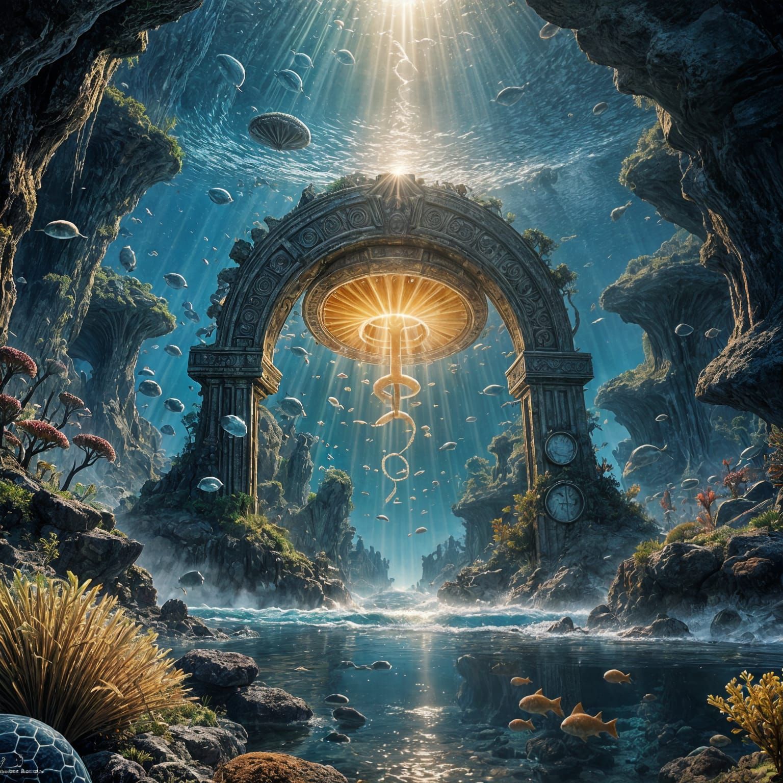 Ancient Stargate Illuminated by Sunbeams in Ocean Depths