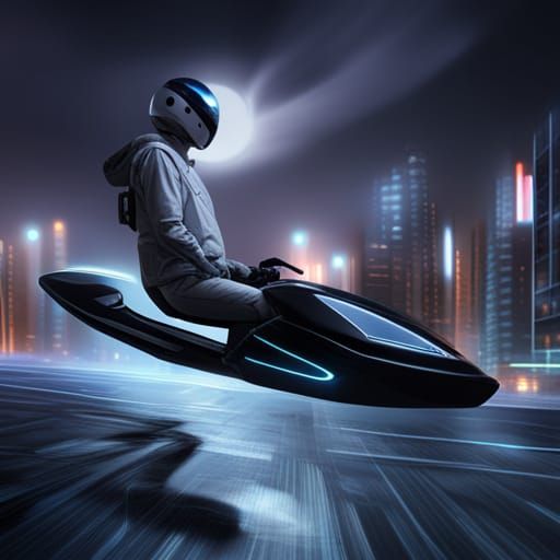 Futuristic Gray Hoverbike with Cityscape in Hyperrealism