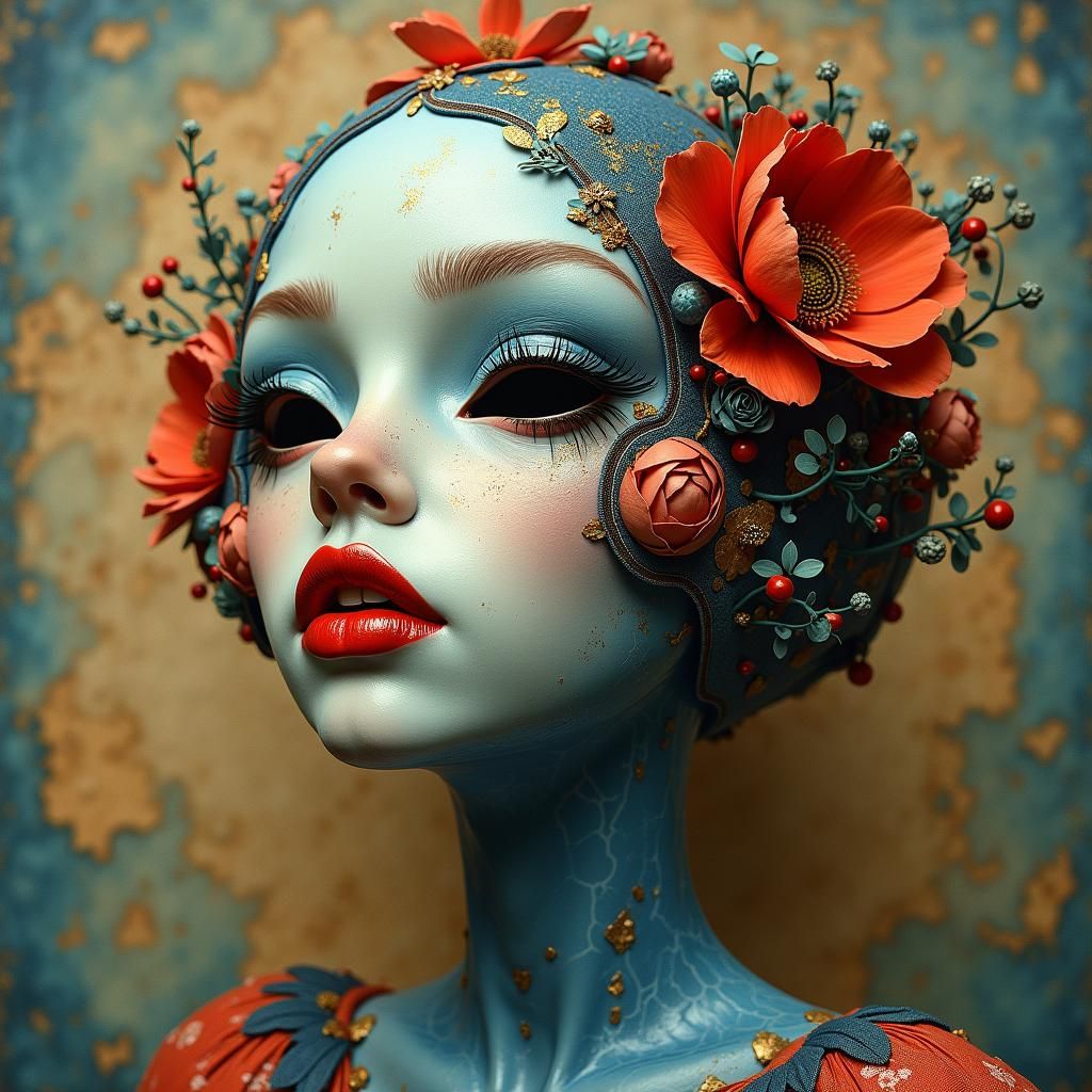 Surreal Denim and Floral Ballhead in Art Deco Style